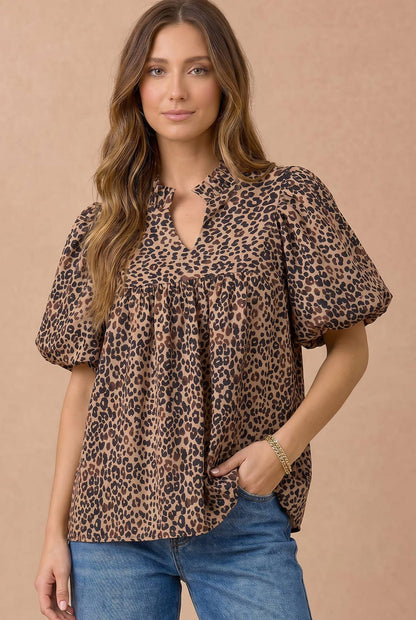 Leopard Ruffle Notch Neck Blouse