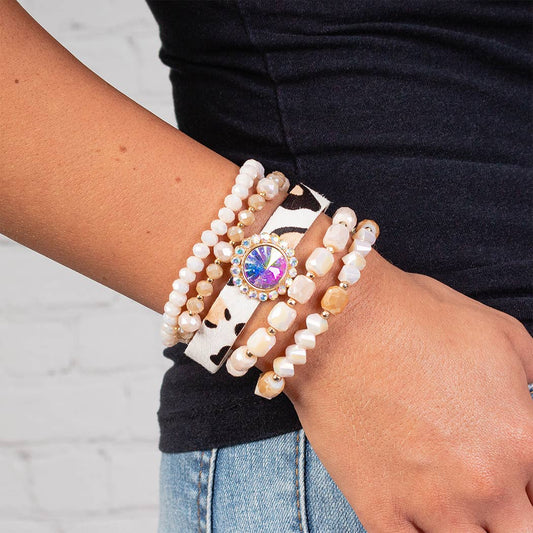Leopard and Crystal Beaded Stacked Bracelets
