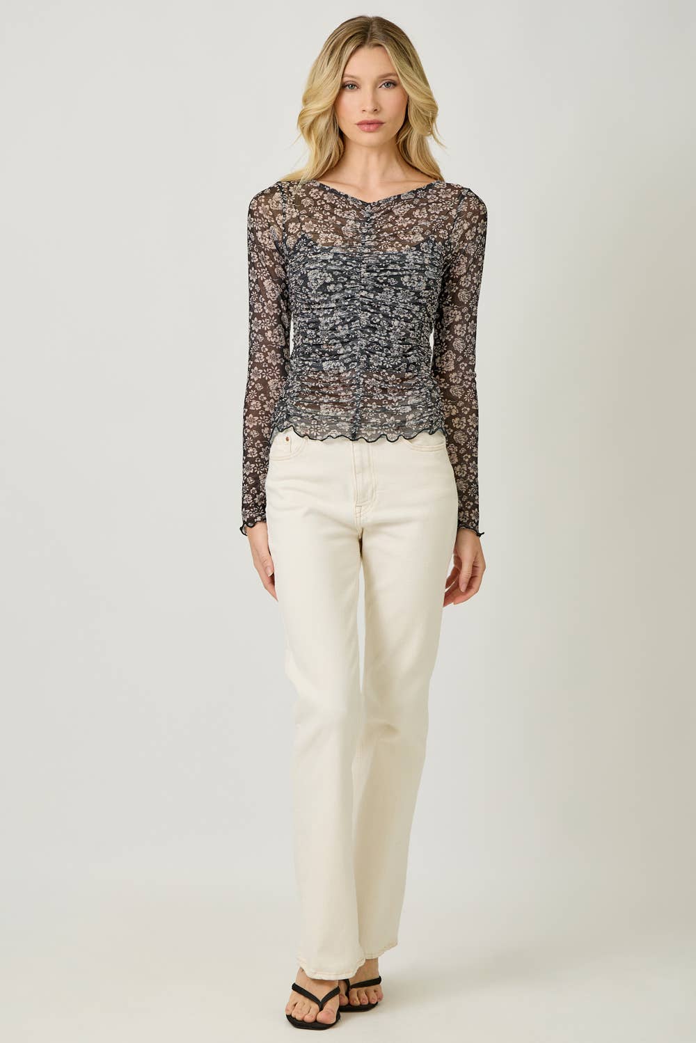 Lettuce Hem Mesh Print Top