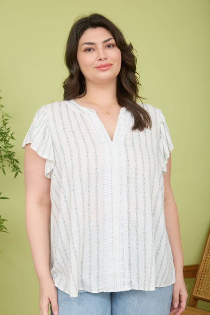PLUS STRIPE FLORAL GARLAND RUFFLE SLEEVE TOP