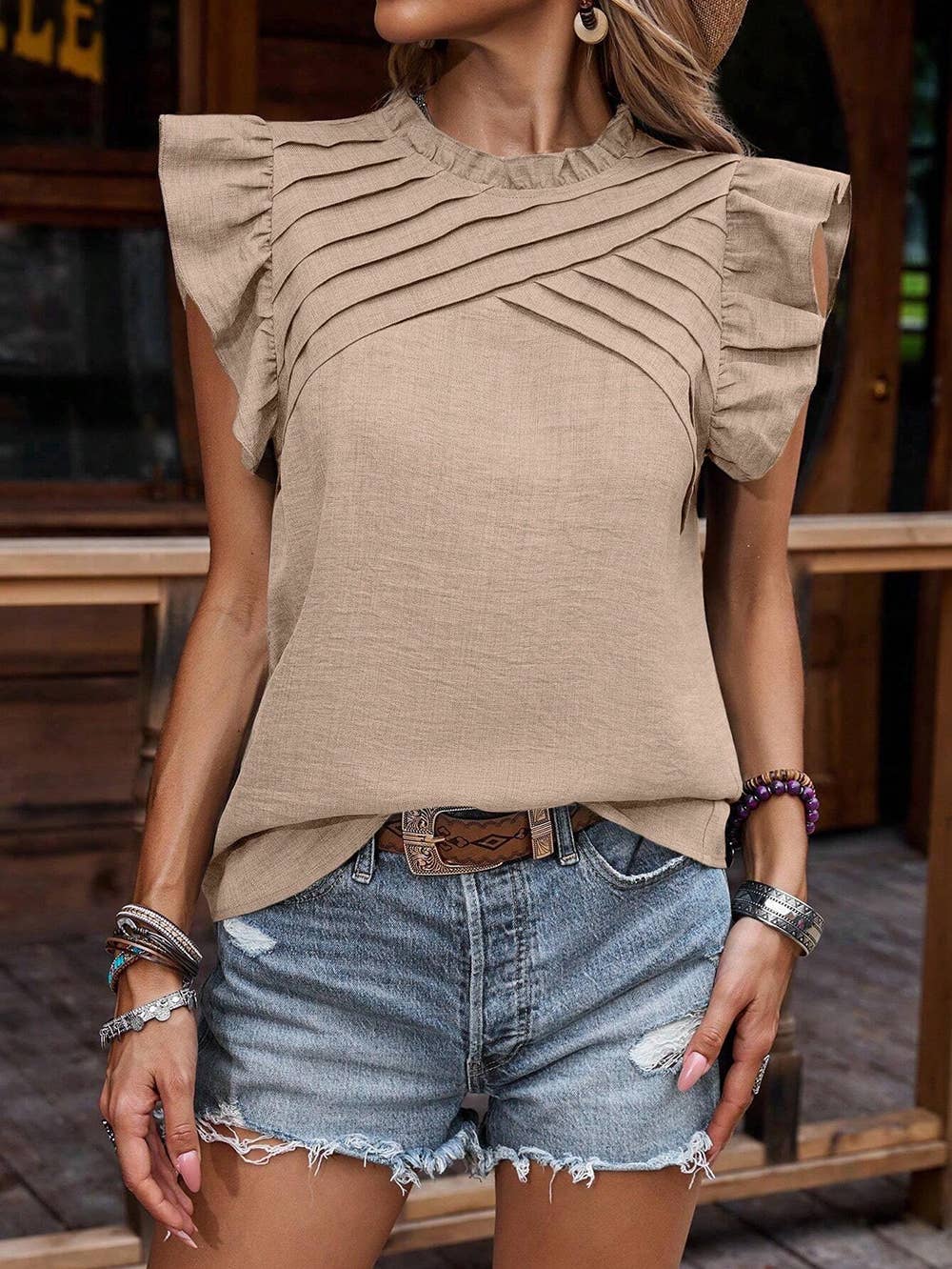 Crinkle Pleated Ruffle Mock Neck Top