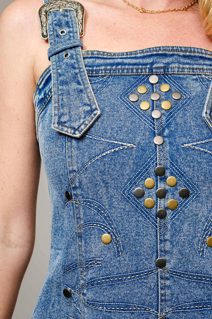 Studded Western Buckle Stretch Denim Dress - Southern Sassy Boutique