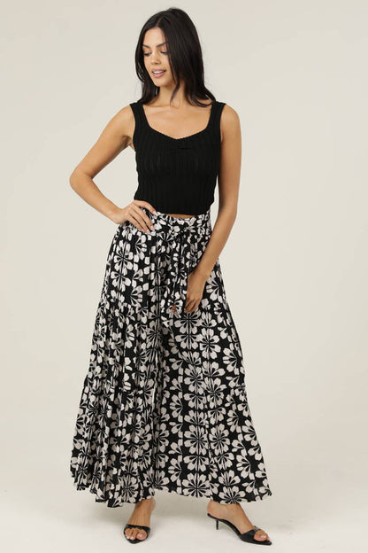 Boho Front Tie Waist Flower Print wide leg Pants