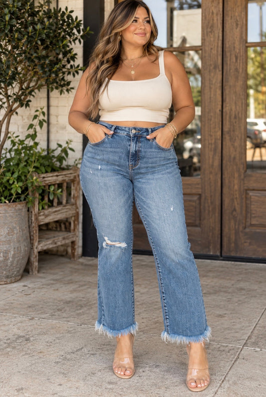 Frayed High Rise Crop Bootcut Jeans