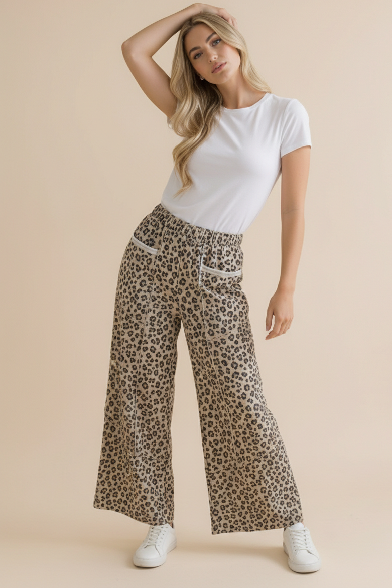 Curvy Leopard French Terry Wide Leg Pocket Pants