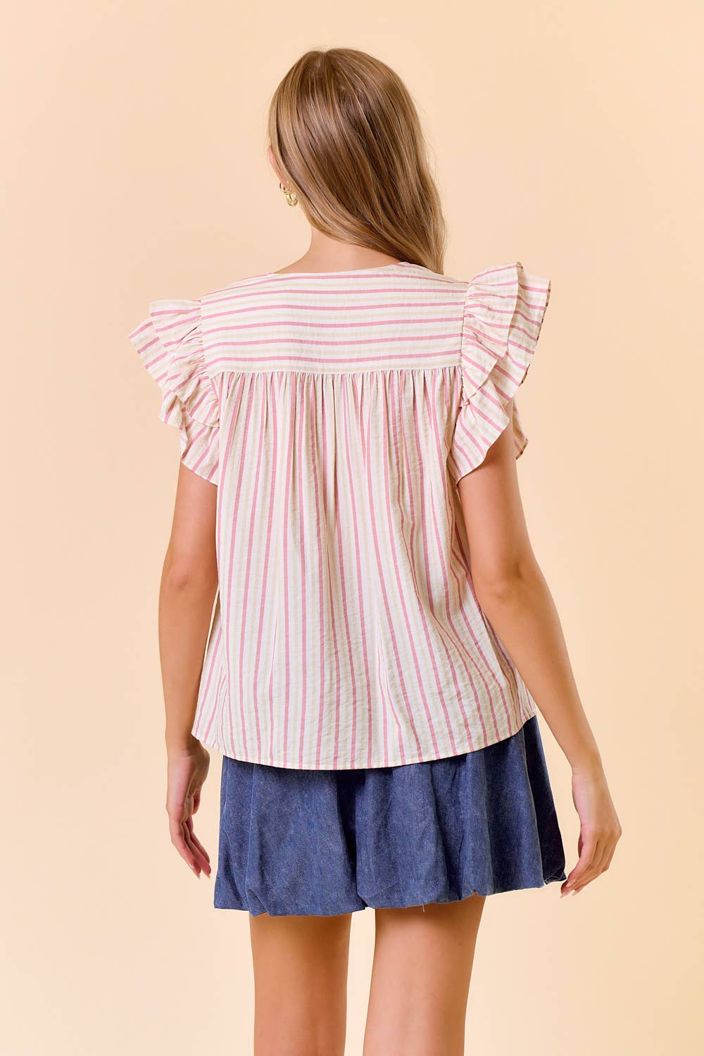 MULTI-COLORED STRIPE RUFFLE CAP SLEEVE PEASANT TOP