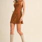 SUEDE SIDE LACE UP SLEEVELESS BOAT NECK MINI DRESS