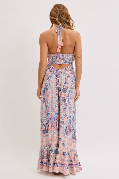 Bohemian Floral Print Halter Maxi Dress