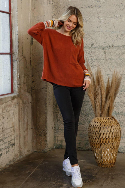 Knit Crew Neck Top Contrast Detail - Southern Sassy Boutique