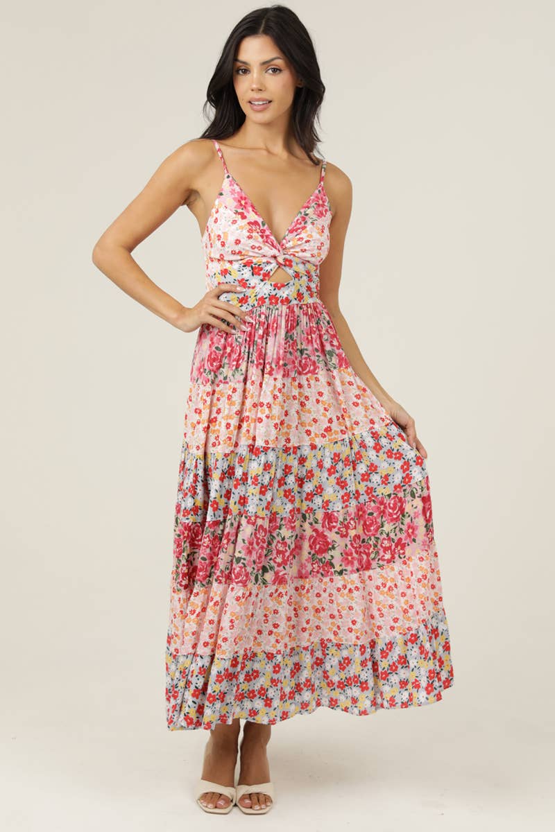 V Neck Twist Front Floral Tiered Maxi Dress