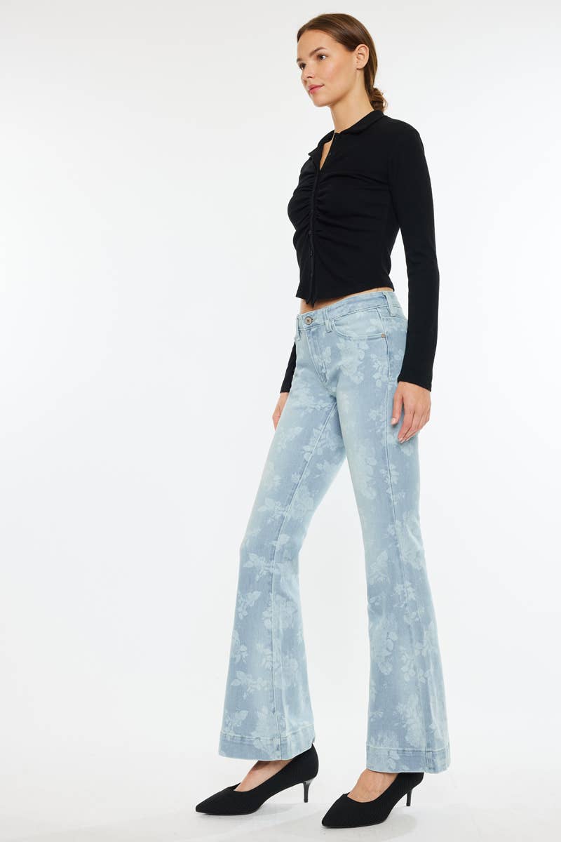 LOW RISE FLORAL PRINTED FLARE JEANS-KC7440L - Southern Sassy Boutique