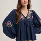 FLORAL EMBROIDERY BUBBLE SLEEVED BABYDOLL TOP