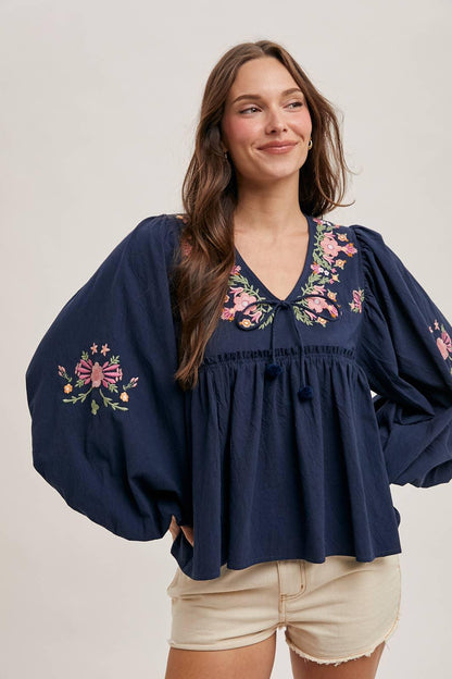 FLORAL EMBROIDERY BUBBLE SLEEVED BABYDOLL TOP - Southern Sassy Boutique