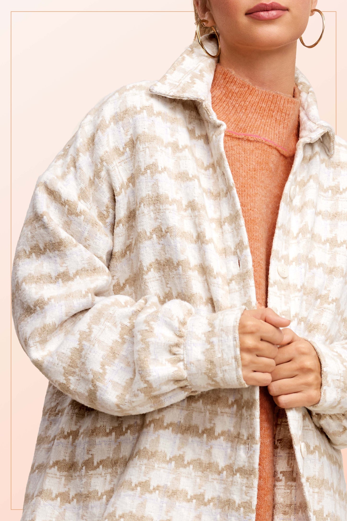 Oversized Houndstooth Patterned Soft Brushed Shacket