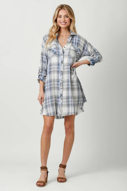 Washed Plaid Shirt Dress - Southern Sassy Boutique