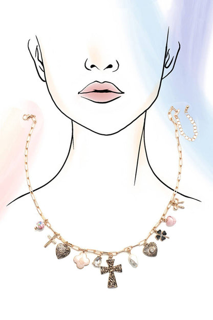 CHARM NECKLACE-CLOVER CROSS  HEART BOW PORCELAIN