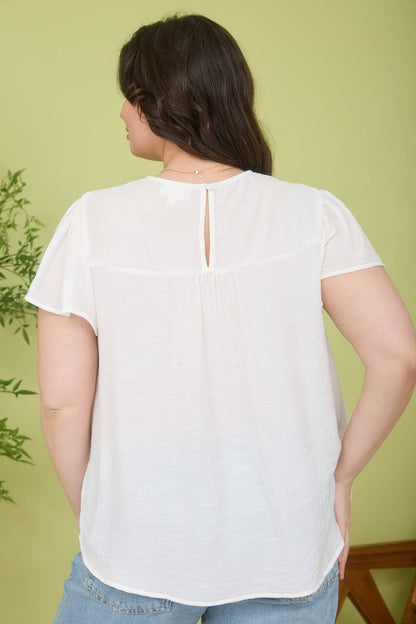 PLUS FLORAL EMBROIDERY DETAIL FLOUNCE SLEEVE TOP