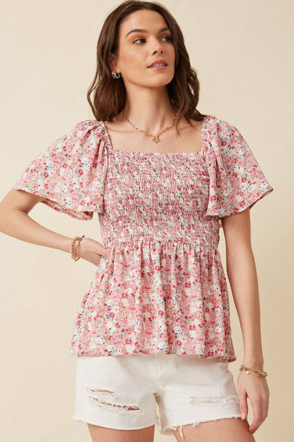 Floral Ruffle Sleeve Smocked Peplum