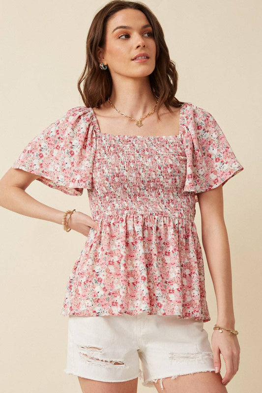 Floral Ruffle Sleeve Smocked Peplum
