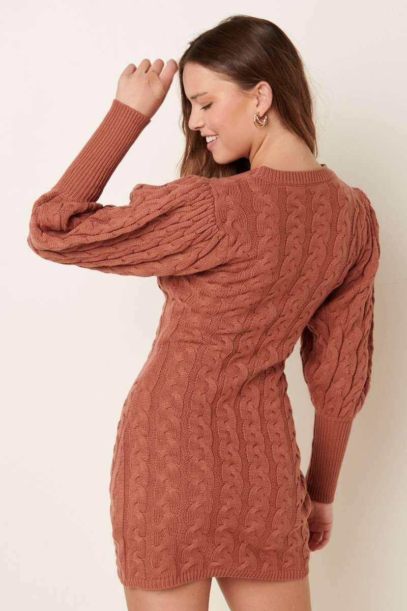 CABLE DETAIL PUFFSLEEVE SWEATER DRESS - Southern Sassy Boutique