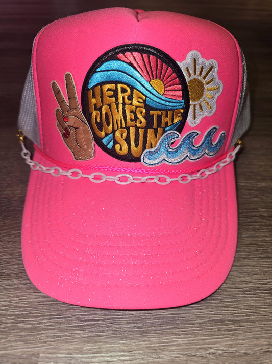 Here Comes the Sun Summer Trucker Hat with a White Chain - Southern Sassy Boutique