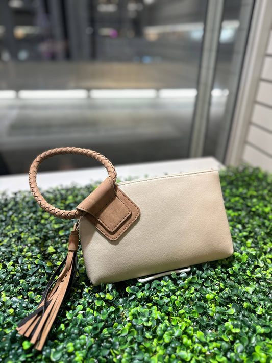 Faux Suede Cuff Handle Tassel Wristlet/Clutch