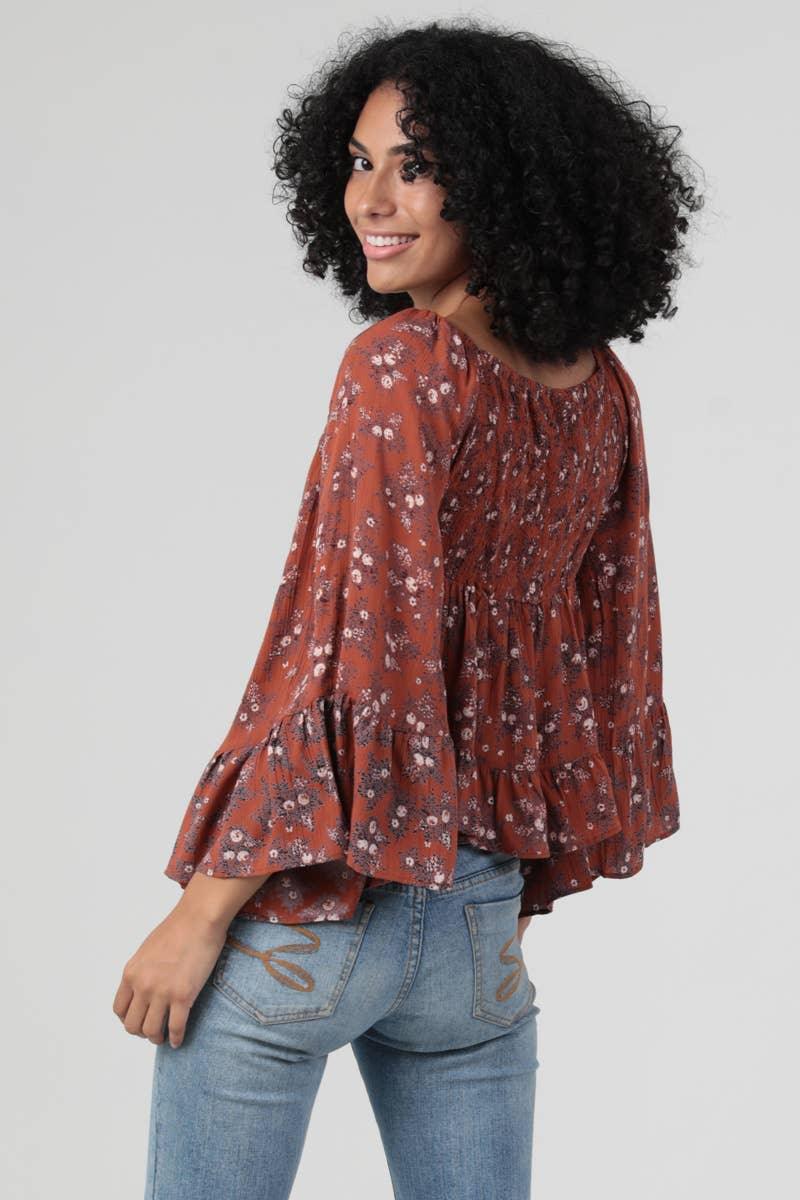 V NECK SMOCKED BUST WIDE BELL FLARE SLEEVES - Southern Sassy Boutique