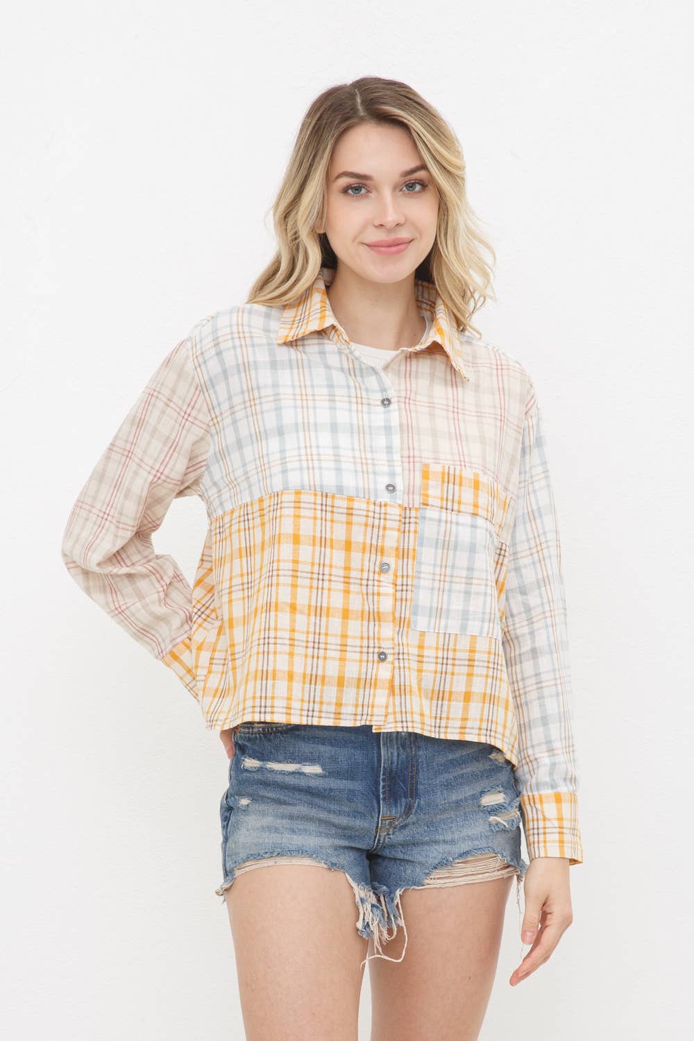 Mix Plaid Pocket Front Button Up Crop Shirt