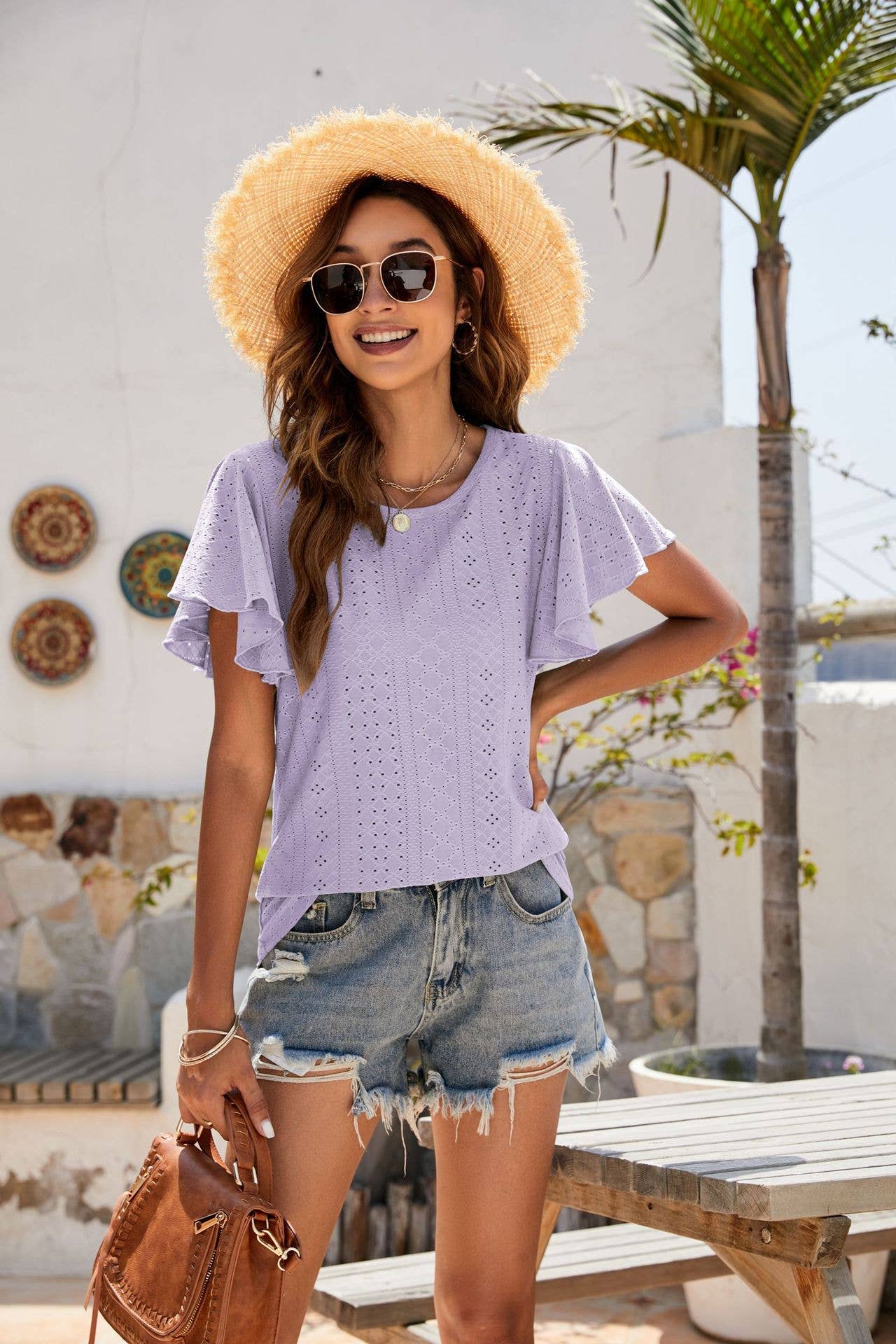 Pointelle Flutter Sleeve Knit Top