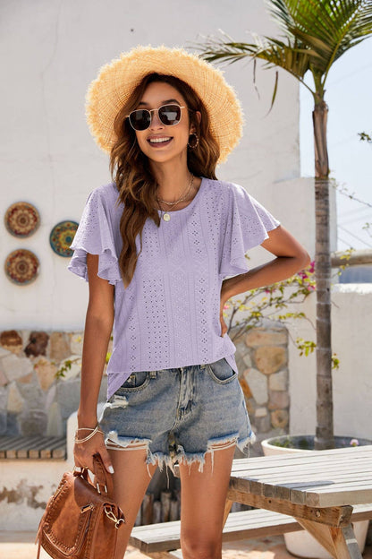 Pointelle Flutter Sleeve Knit Top