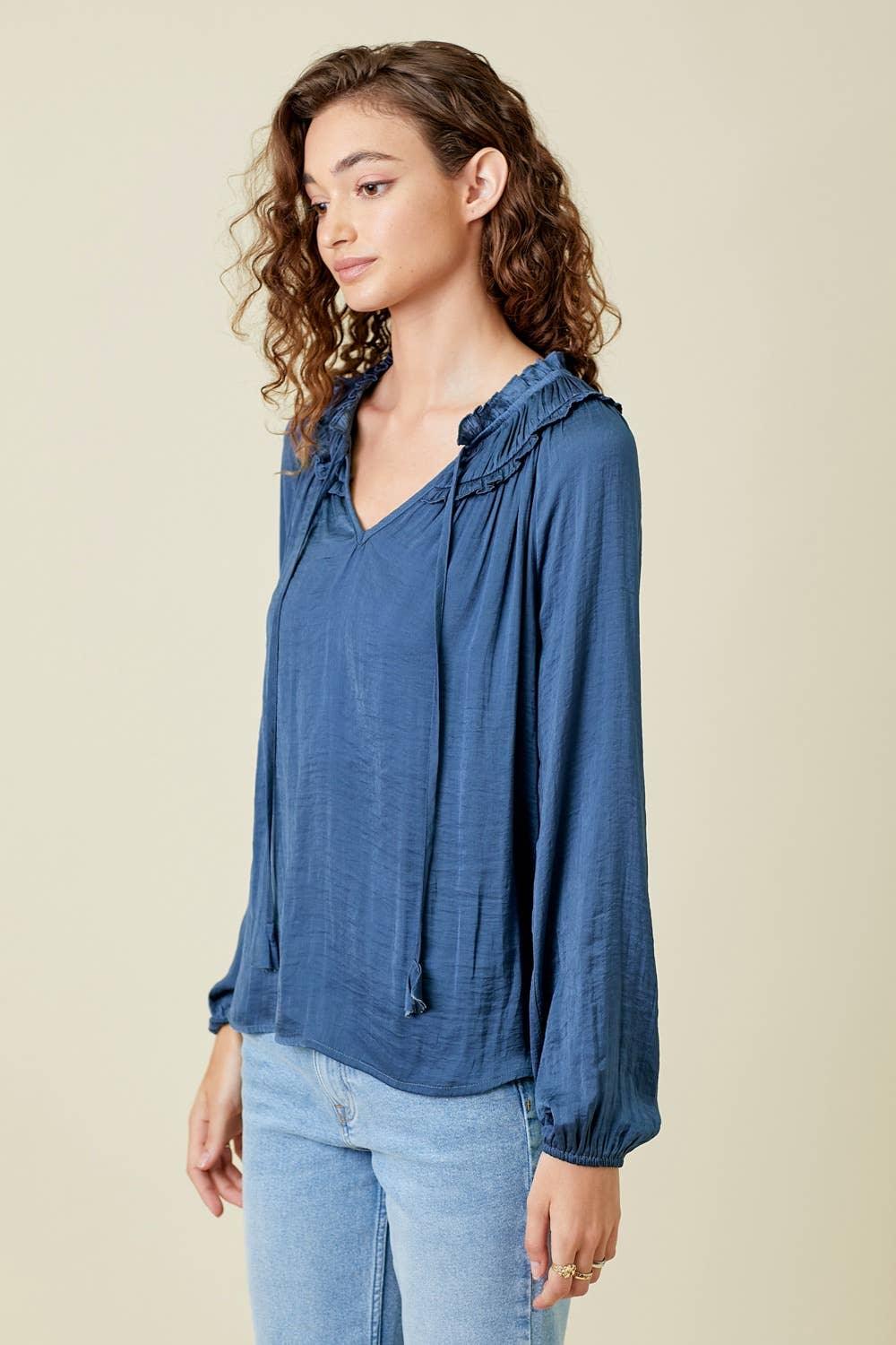 Ruffled Satin Blouse - Southern Sassy Boutique