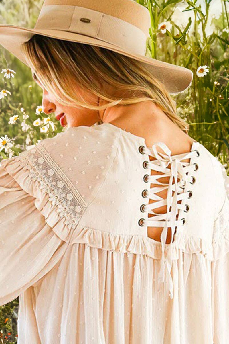 Lace-Up Back Detail Swiss Dot Patterned Blouse