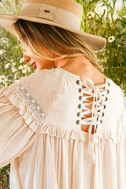 Lace-Up Back Detail Swiss Dot Patterned Blouse - Southern Sassy Boutique