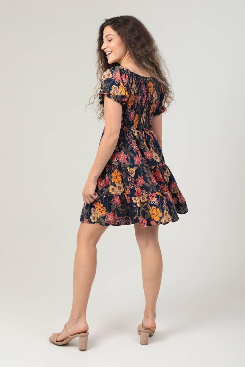 V NECK SMOCKED BODICE SHORT SLEEVE DRESS - Southern Sassy Boutique