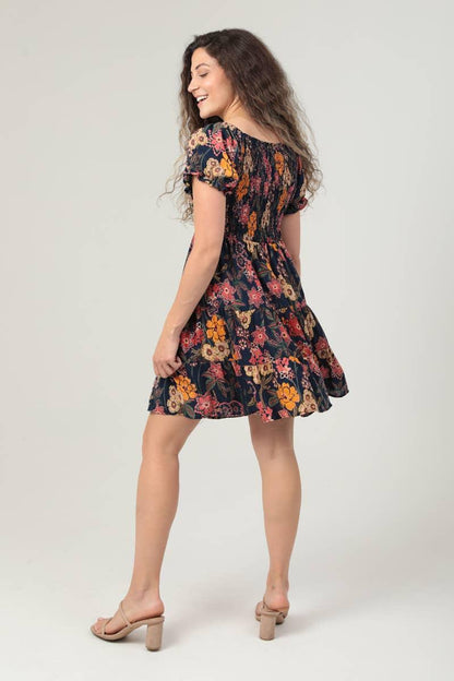 V NECK SMOCKED BODICE SHORT SLEEVE DRESS - Southern Sassy Boutique