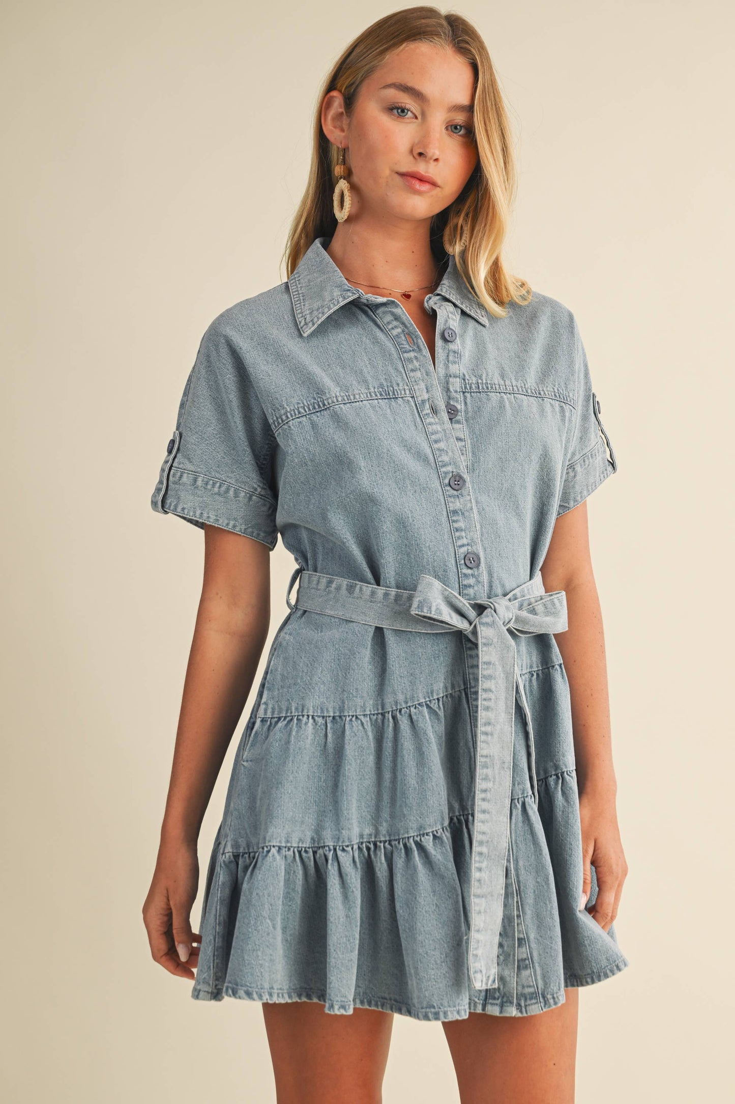 RUFFLE TIERED DENIM DRESS