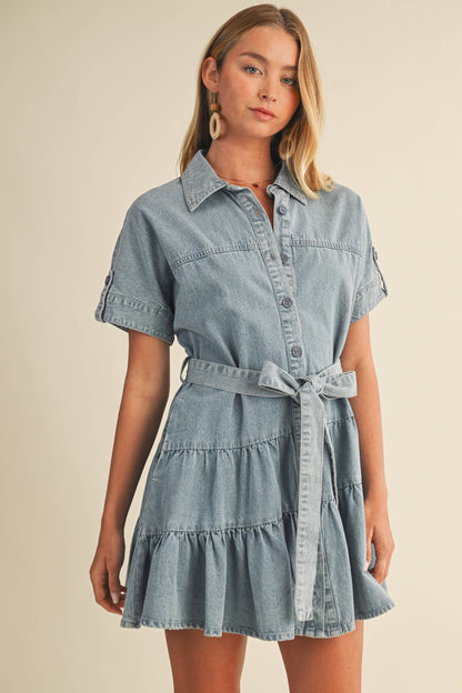 RUFFLE TIERED DENIM DRESS