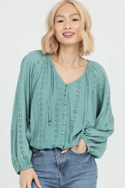EYELET EMBROIDERED BUTTON FRONT BLOUSE