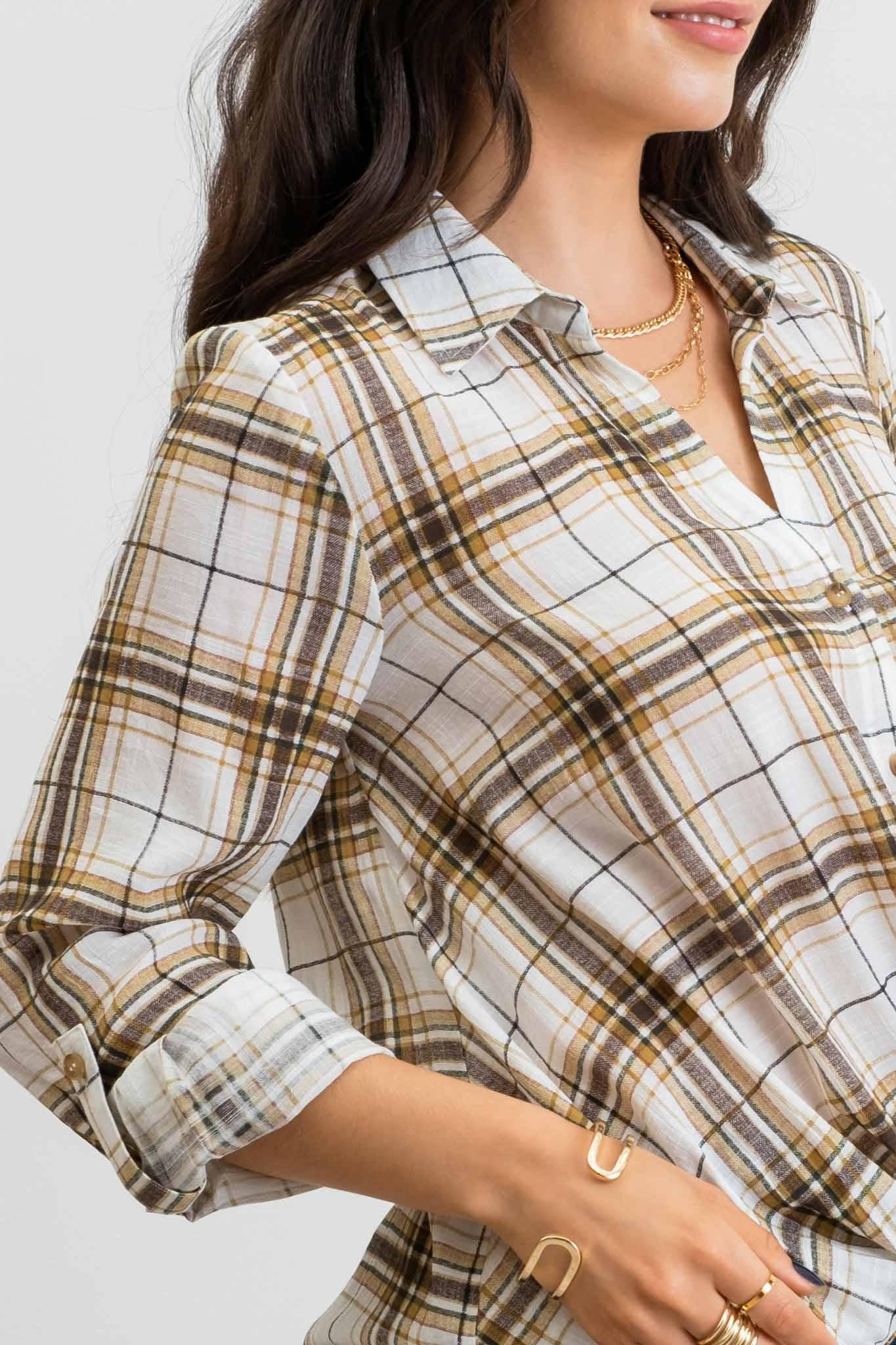 PLAID DRAPED ROLL TAB SLEEVE TOP - Southern Sassy Boutique