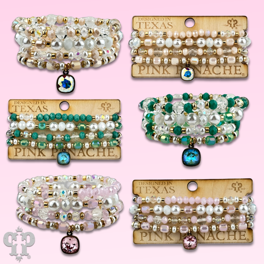 Pearl, glass and gold bead bracelet with Austrian crystal