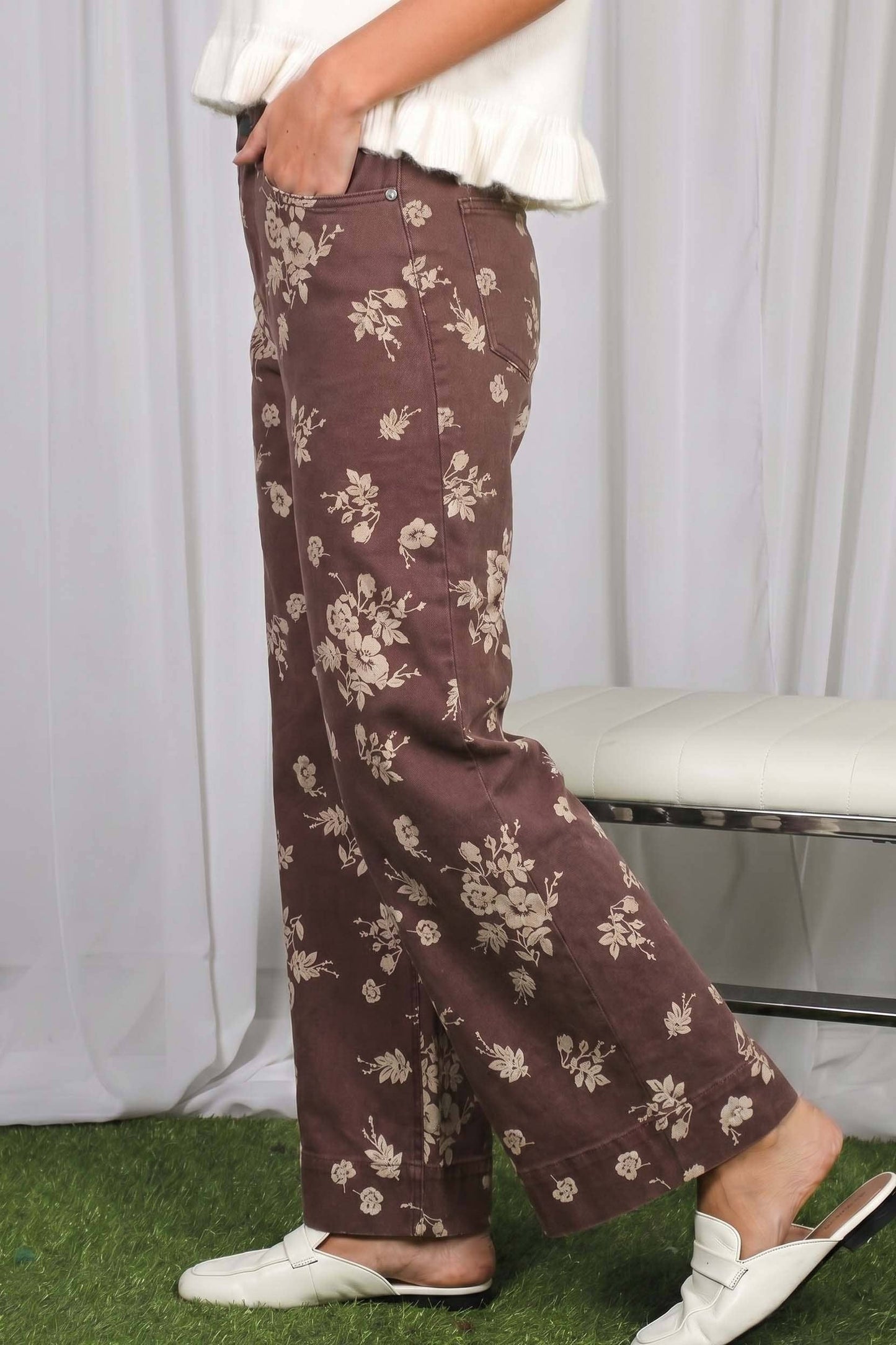 Floral Print Straight Leg Cotton Denim Span Pants