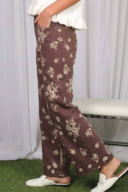 Floral Print Straight Leg Cotton Denim Span Pants