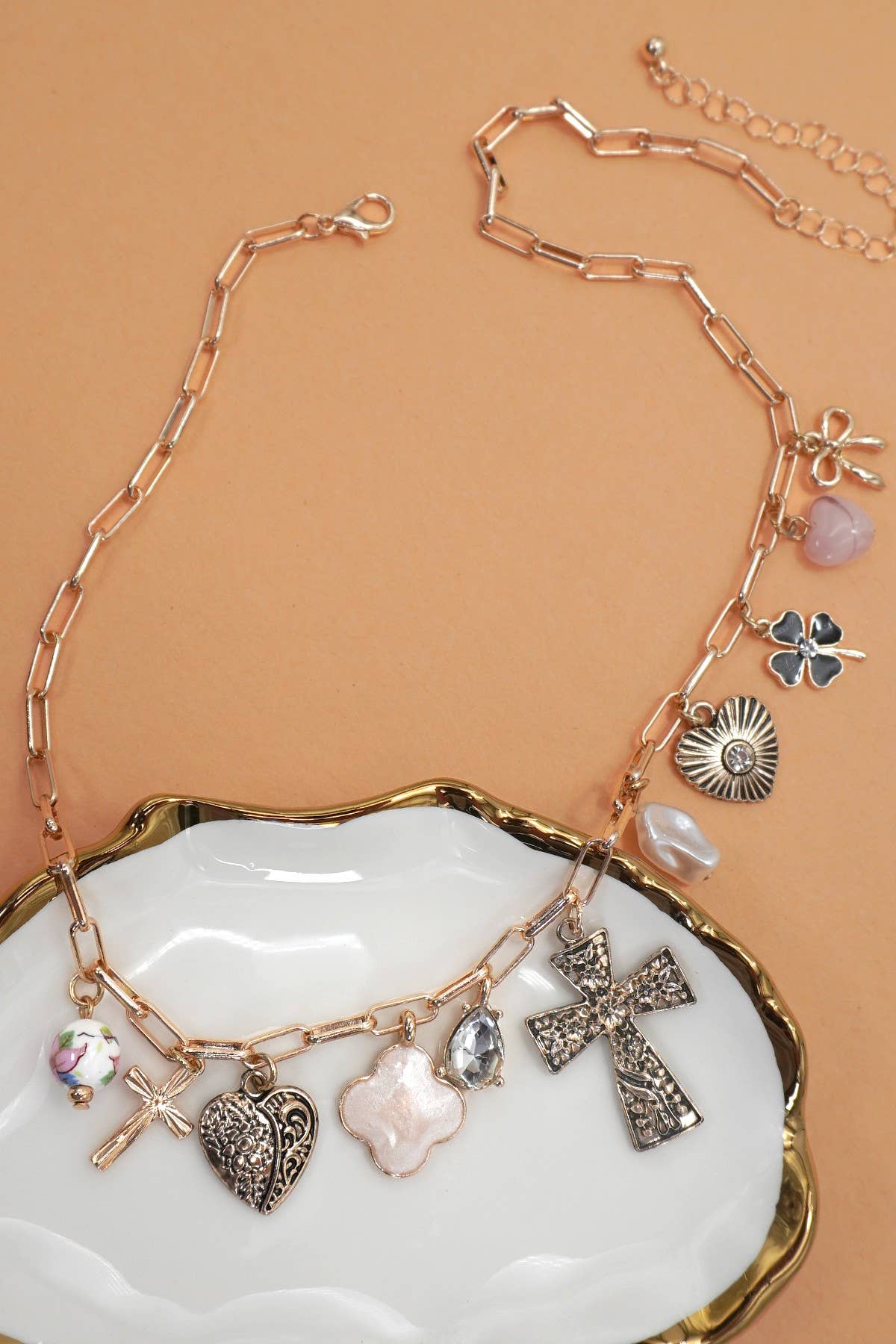 CHARM NECKLACE-CLOVER CROSS  HEART BOW PORCELAIN