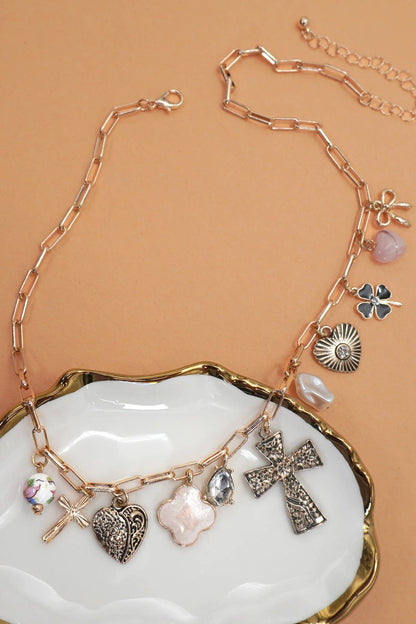 CHARM NECKLACE-CLOVER CROSS  HEART BOW PORCELAIN