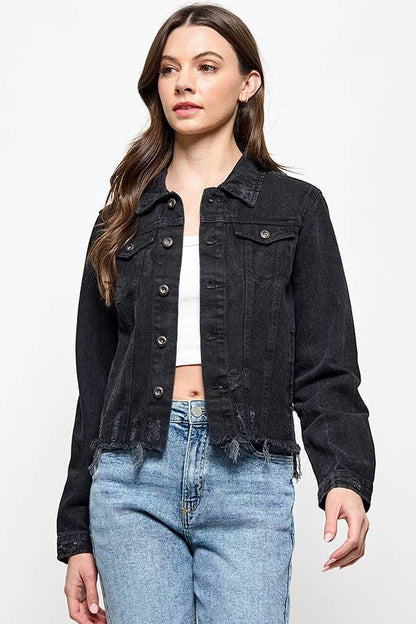 Cropcut Denim Jacket with Distressed - Southern Sassy Boutique
