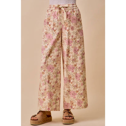 Floral Print Twill Wide Leg Pants