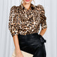 Leopard-Print Collared Puff Sleeve Satin Blouse