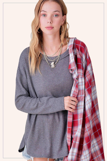 Brushed Waffle Fabric Loose Fit Long Sleeve Top - Southern Sassy Boutique