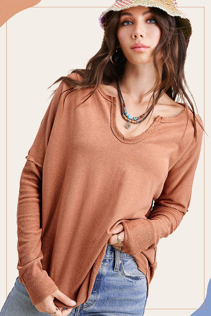 Textured Fabric Contrast Terry Long Sleeve Top - Southern Sassy Boutique