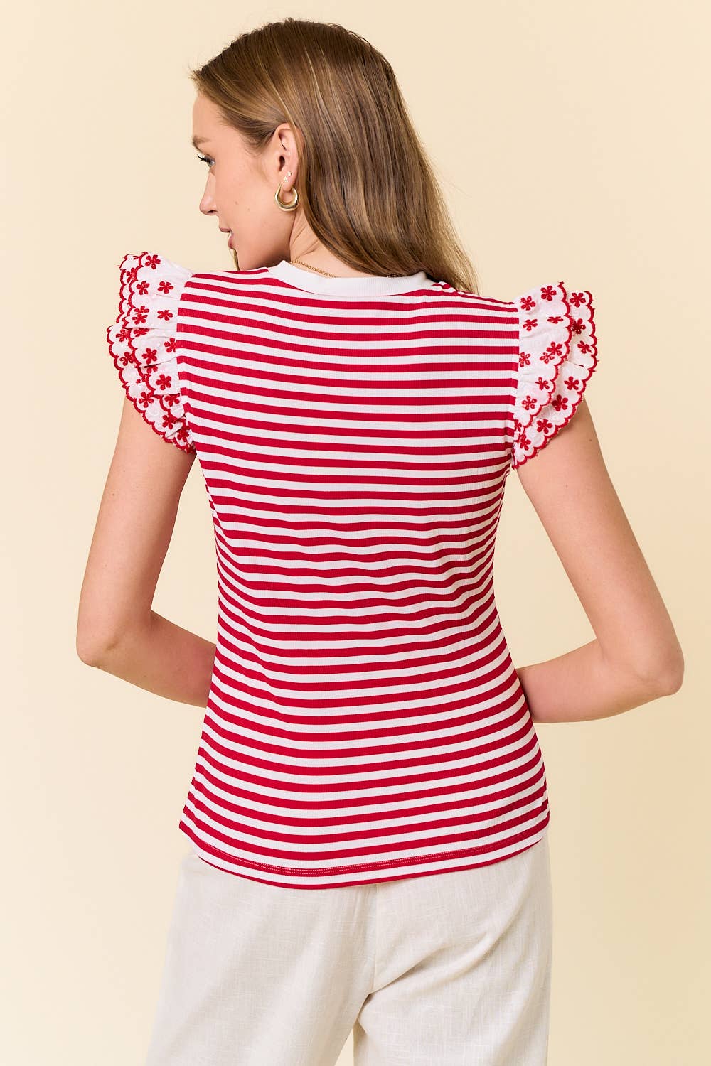 LACE RUFFLE CAP SLEEVE STRIPED RIB TOP - 44895T